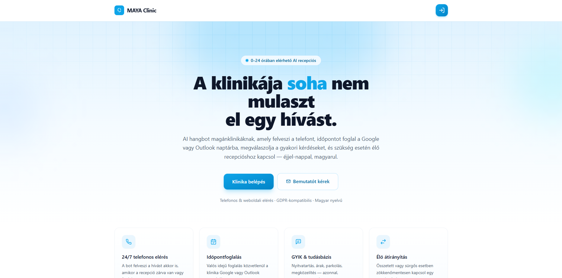 MAYA Recepció — hívások és naptár-nézet